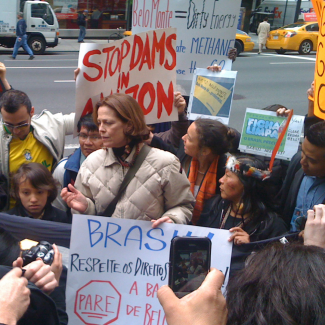 Sigourney Weaver at protest in NYC against Belo Monte Dam in Brazil PHOTO Amazon Watch