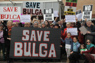 Bulga residents and their supporters outside the PAC meeting at Singleton. Hearing to consider proposal to expand Mt Thorley Warkworth open-cut coal near Bulga village PHOTO Kate Ausbern